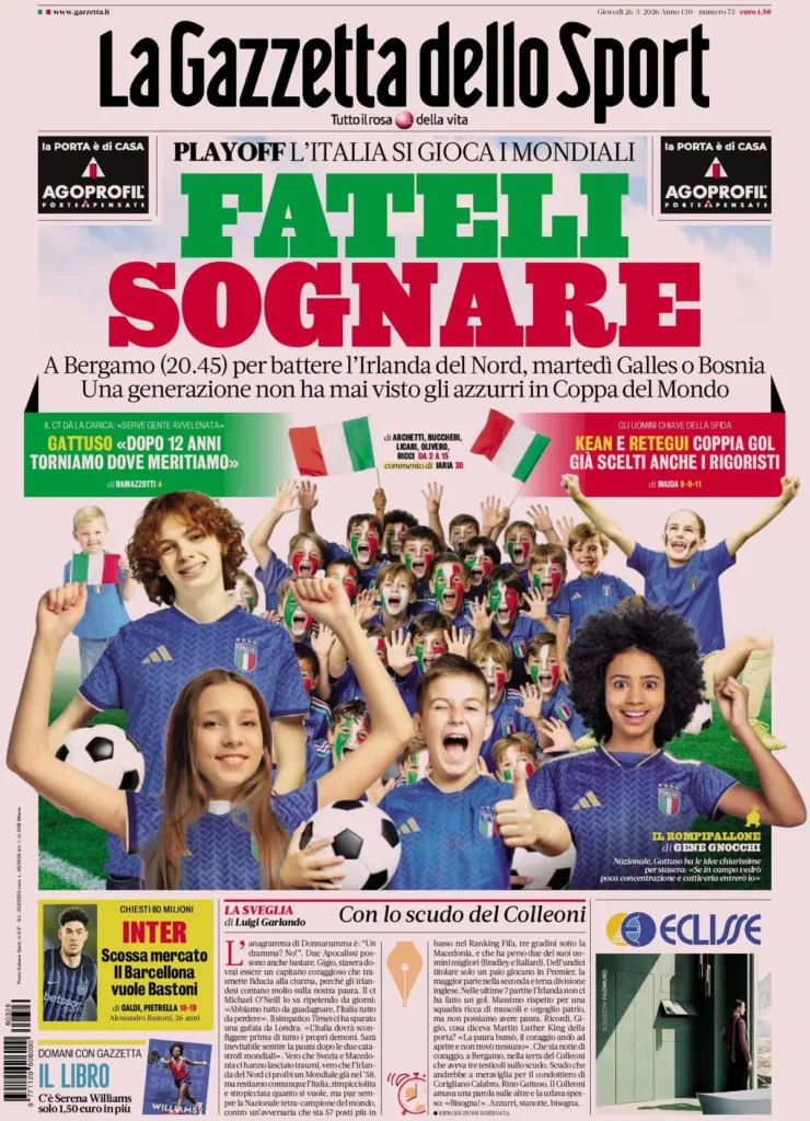Le prime pagine dei principali quotidiani sportivi – 26 marzo 2026 24 la gazzetta dello sport 032255bb4caus