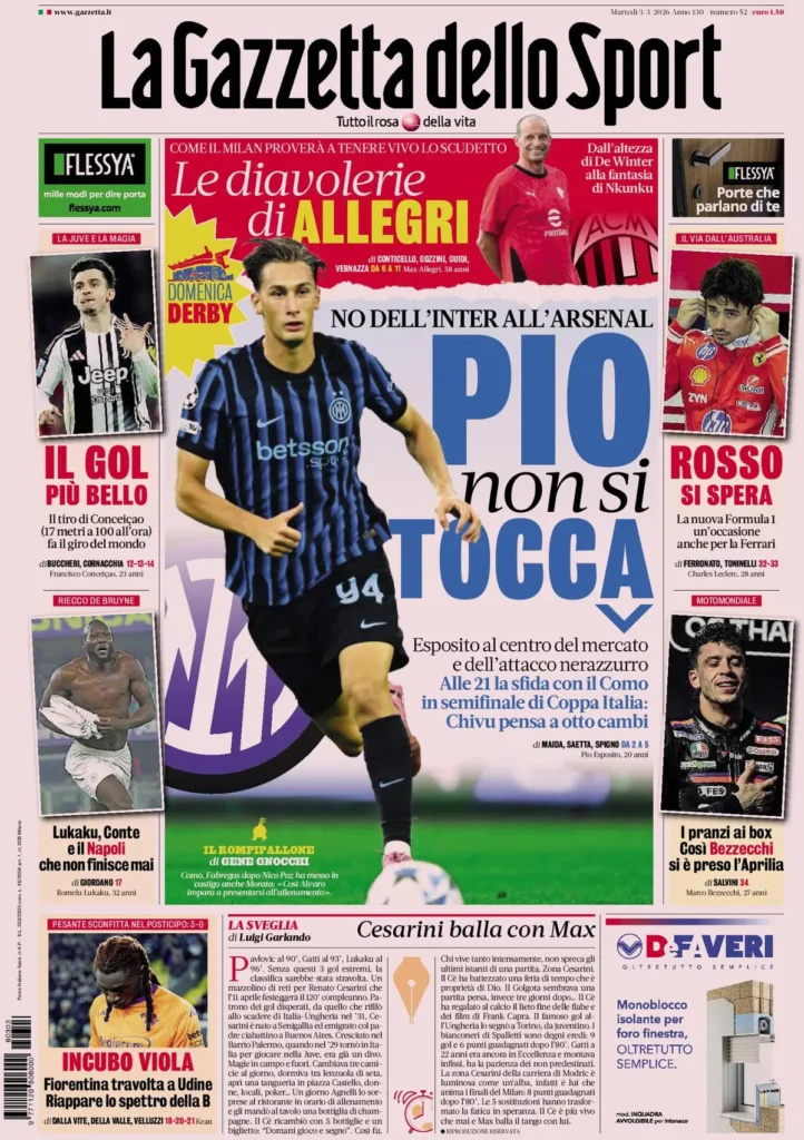 Le prime pagine dei principali quotidiani sportivi – 3 marzo 2026 24 la gazzetta dello sport 032414y5g9k8p