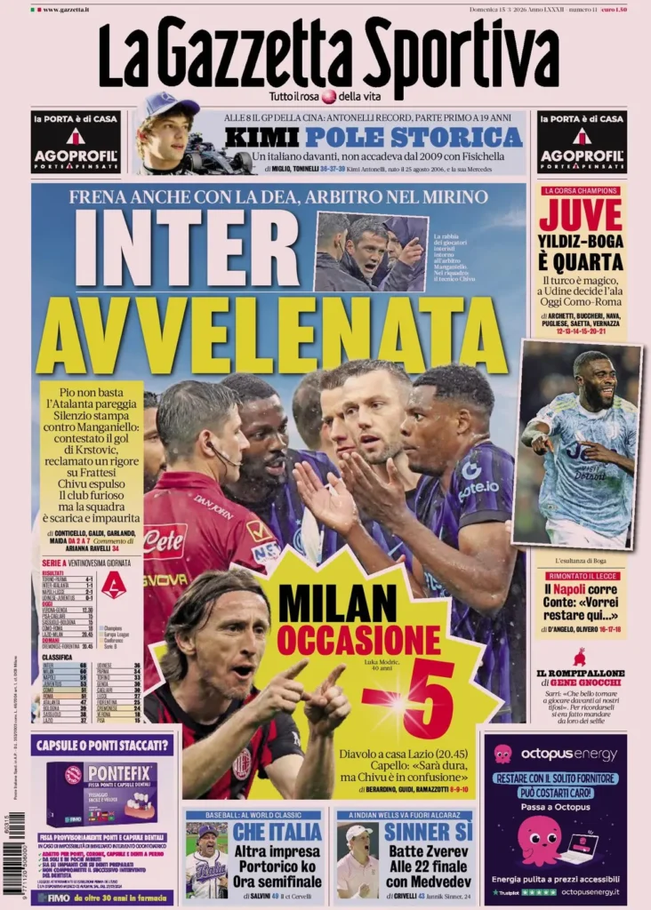 Le prime pagine dei principali quotidiani sportivi – 15 marzo 24 la gazzetta dello sport 032943189e06t