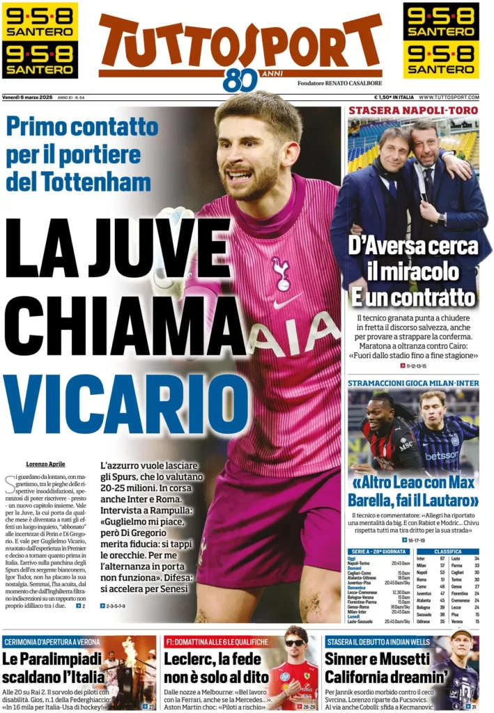 Rassegna stampa Lazio: prime pagine quotidiani sportivi - 6 marzo 2026 22 tuttosport 020302l71d0oh