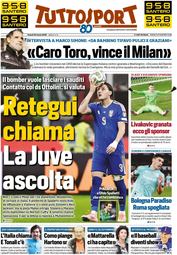 Rassegna stampa Lazio: prime pagine quotidiani sportivi - 20 marzo 2026 22 tuttosport 020303qpwc9rk