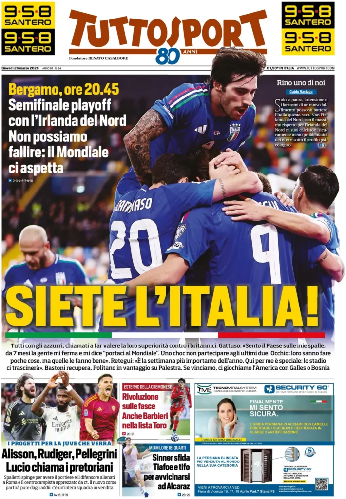 Le prime pagine dei principali quotidiani sportivi – 26 marzo 2026 22 tuttosport 020523dbsee62