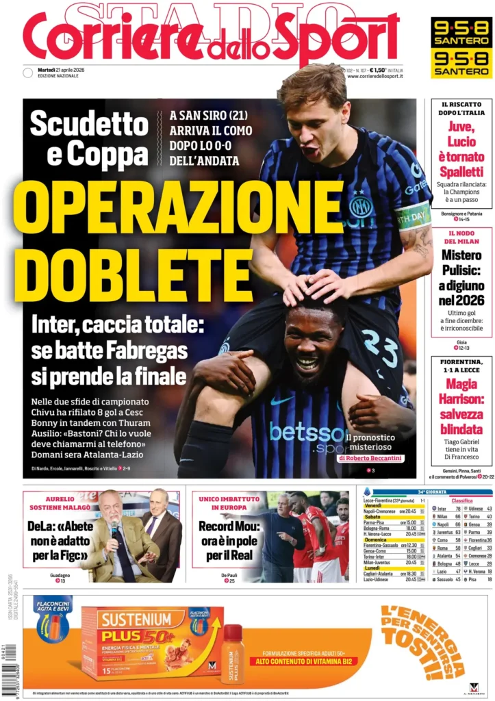 Le prime pagine dei principali quotidiani sportivi – 21 aprile 2026 23 corriere dello sport 020306pvf7t7l