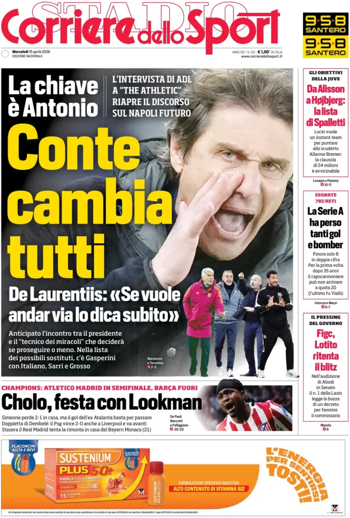 Le prime pagine dei principali quotidiani sportivi – 15 aprile 2026 23 corriere dello sport 020307ksr8ati