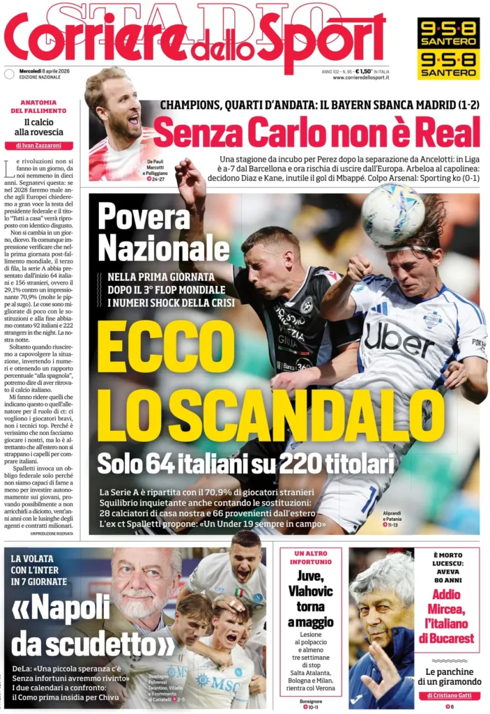 Le prime pagine dei principali quotidiani sportivi – 8 aprile 2026 23 corriere dello sport 021302jab7h85