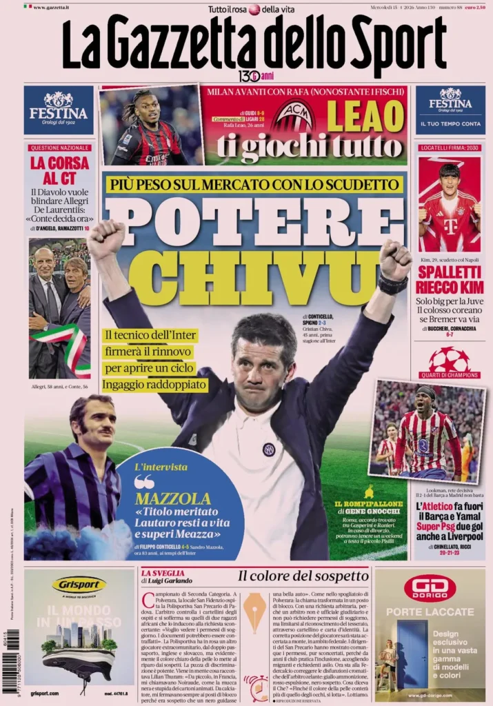 Le prime pagine dei principali quotidiani sportivi – 15 aprile 2026 24 la gazzetta dello sport 033630bfk5vo4