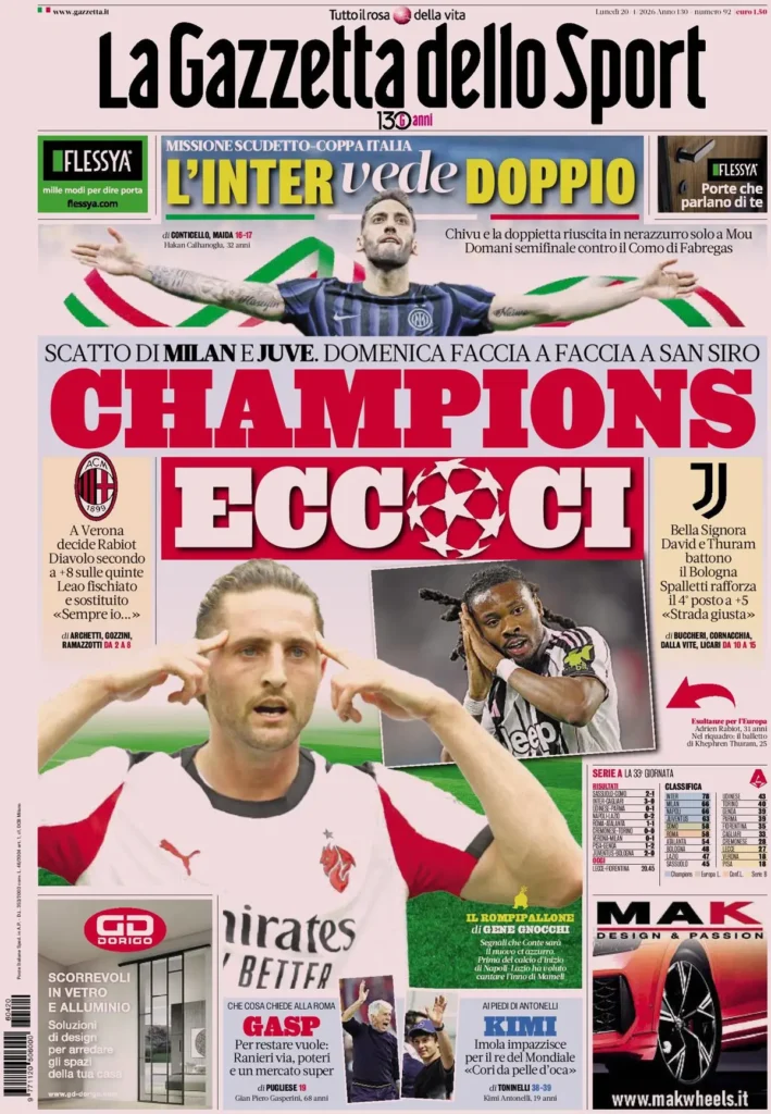 Rassegna stampa Lazio: prime pagine quotidiani sportivi - 20 aprile 2026 24 la gazzetta dello sport 040417b5z3wra