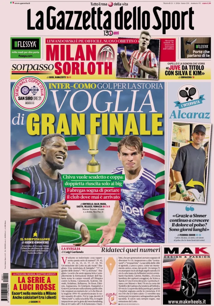 Le prime pagine dei principali quotidiani sportivi – 21 aprile 2026 24 la gazzetta dello sport 04180290t2808