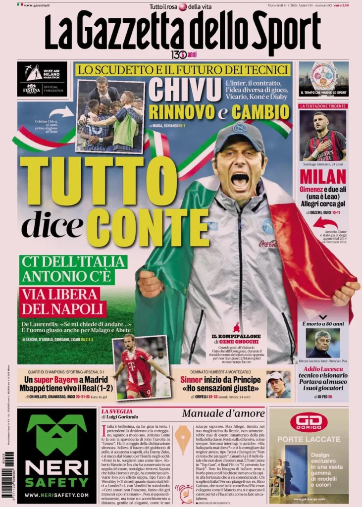 Le prime pagine dei principali quotidiani sportivi – 8 aprile 2026 24 la gazzetta dello sport 0641326st276r