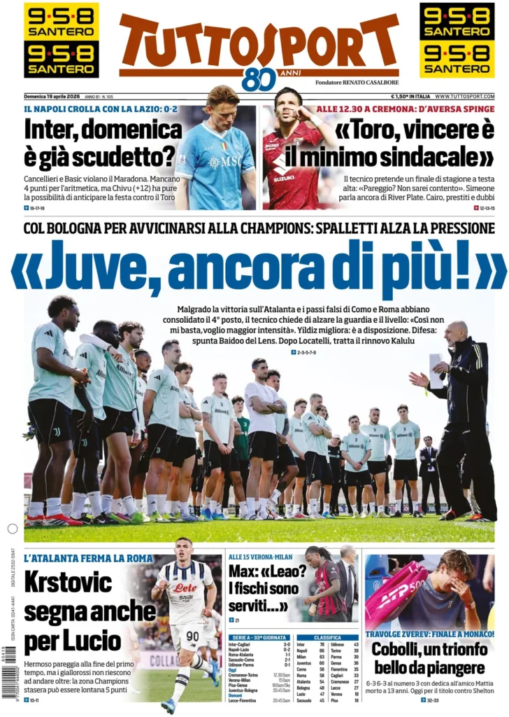 Rassegna stampa Lazio: prime pagine quotidiani sportivi - 19 aprile 2026 22 tuttosport 020301walejiy