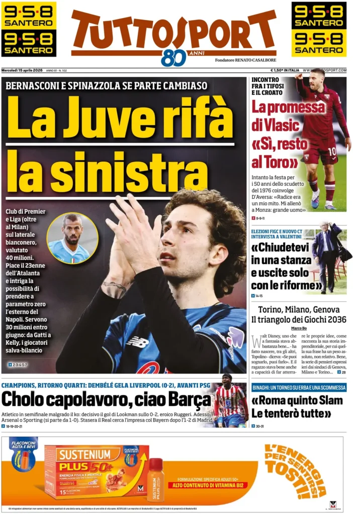 Le prime pagine dei principali quotidiani sportivi – 15 aprile 2026 22 tuttosport 020302ja2f0dg