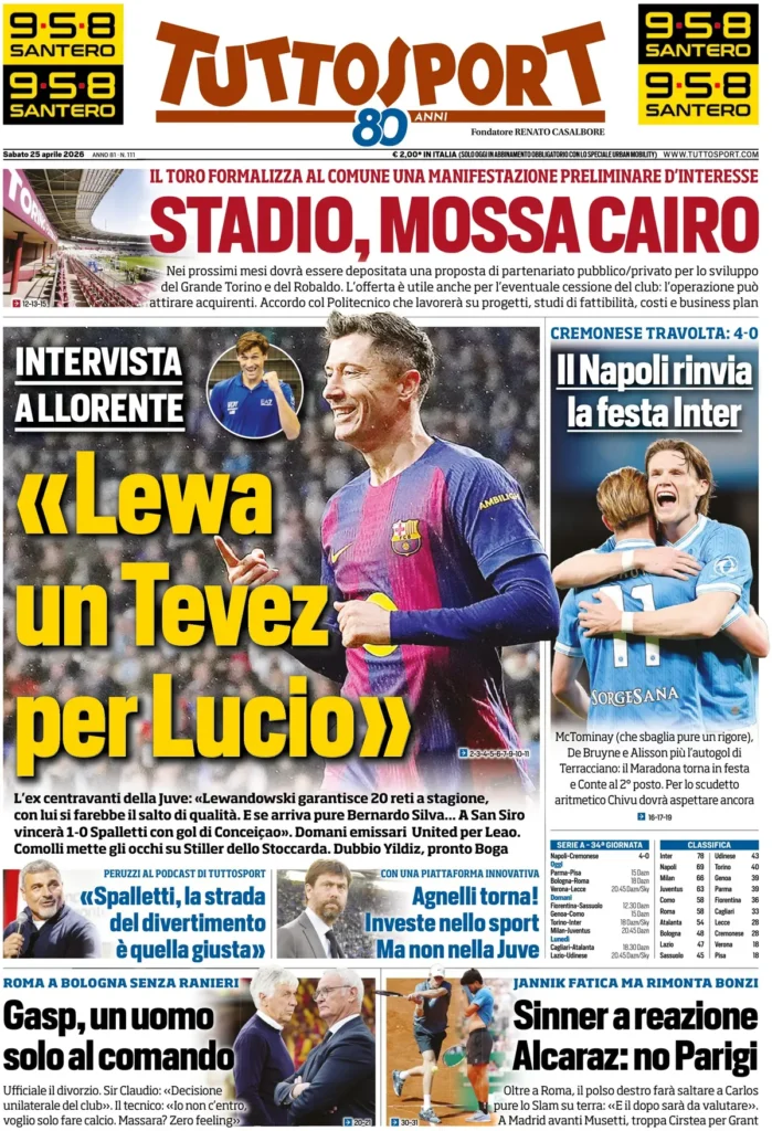 Rassegna stampa Lazio: prime pagine quotidiani sportivi - 25 aprile 2026 22 tuttosport 020424yg56r2c