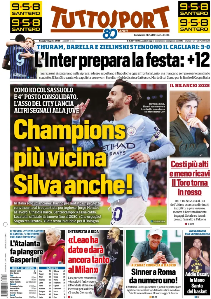 Le prime pagine dei principali quotidiani sportivi – 18 aprile 24 tuttosport 020649mc54vkk