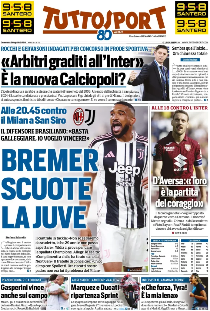 Rassegna stampa Lazio: prime pagine quotidiani sportivi - 26 aprile 2026 22 tuttosport 020941z2r5j7d