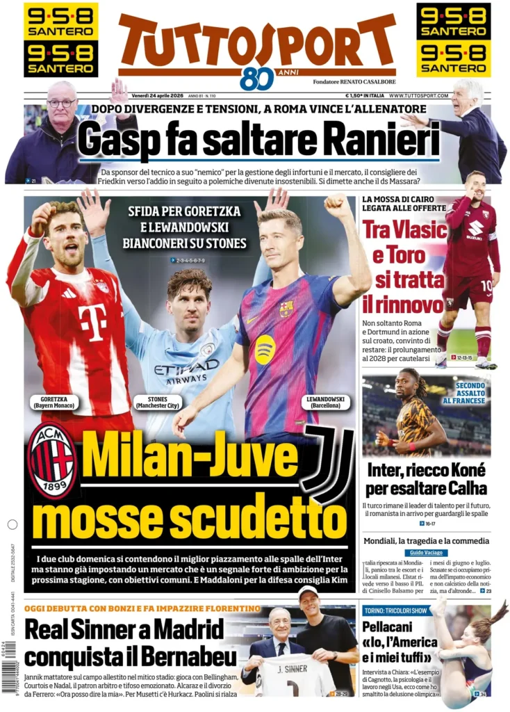 Le prime pagine dei principali quotidiani sportivi – 24 aprile 24 tuttosport 021634mzwcopi