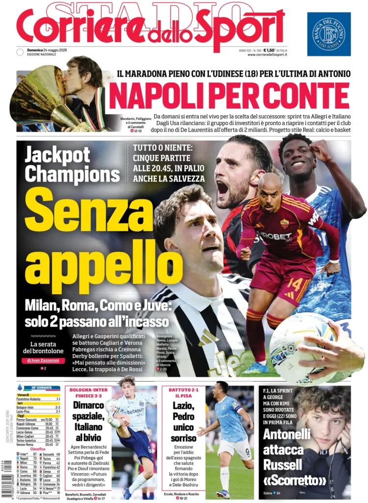 Le prime pagine dei principali quotidiani sportivi – 24 maggio 23 corriere dello sport 020302t20ha2k
