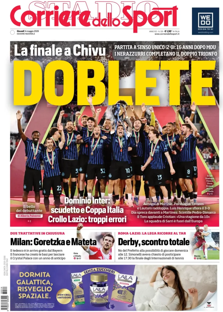Rassegna stampa Lazio: prime pagine quotidiani sportivi - 14 maggio 2026 23 corriere dello sport 02030755rbs7d