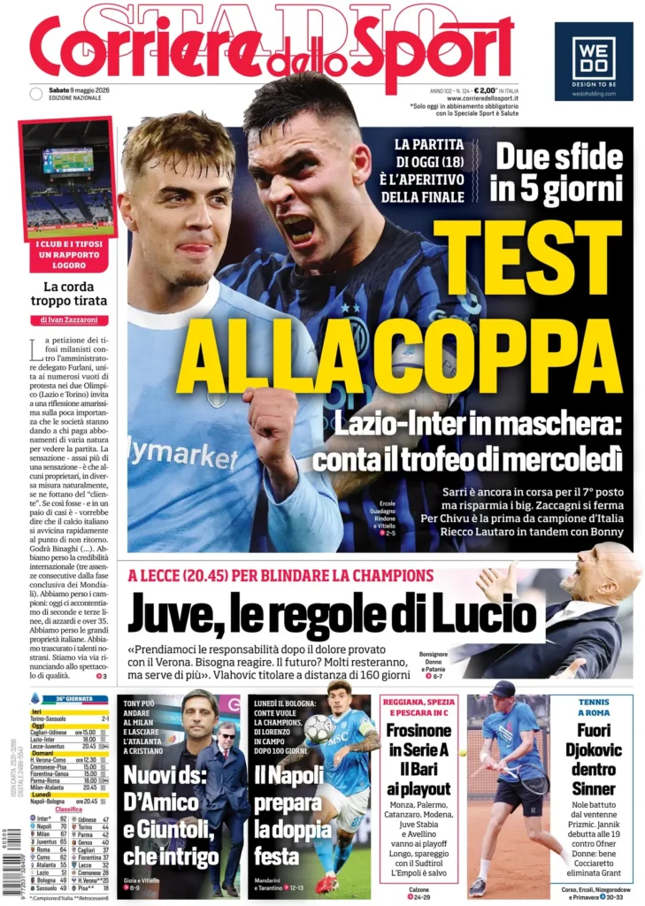 Le prime pagine dei principali quotidiani sportivi – 9 maggio 23 corriere dello sport 020308cm63isn