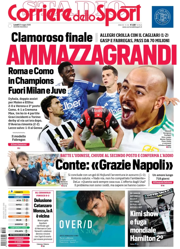 Le prime pagine dei principali quotidiani sportivi – 25 maggio 23 corriere dello sport 020308rat2epv