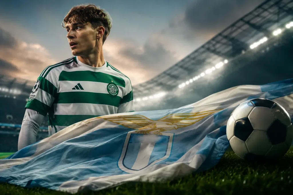Un giocatore del Celtic con davanti una bandiera della Lazio