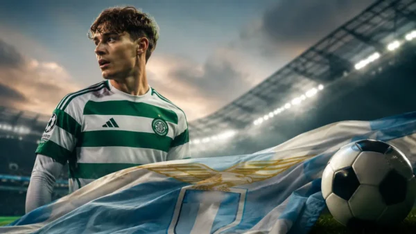 Un giocatore del Celtic con davanti una bandiera della Lazio