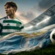 Un giocatore del Celtic con davanti una bandiera della Lazio