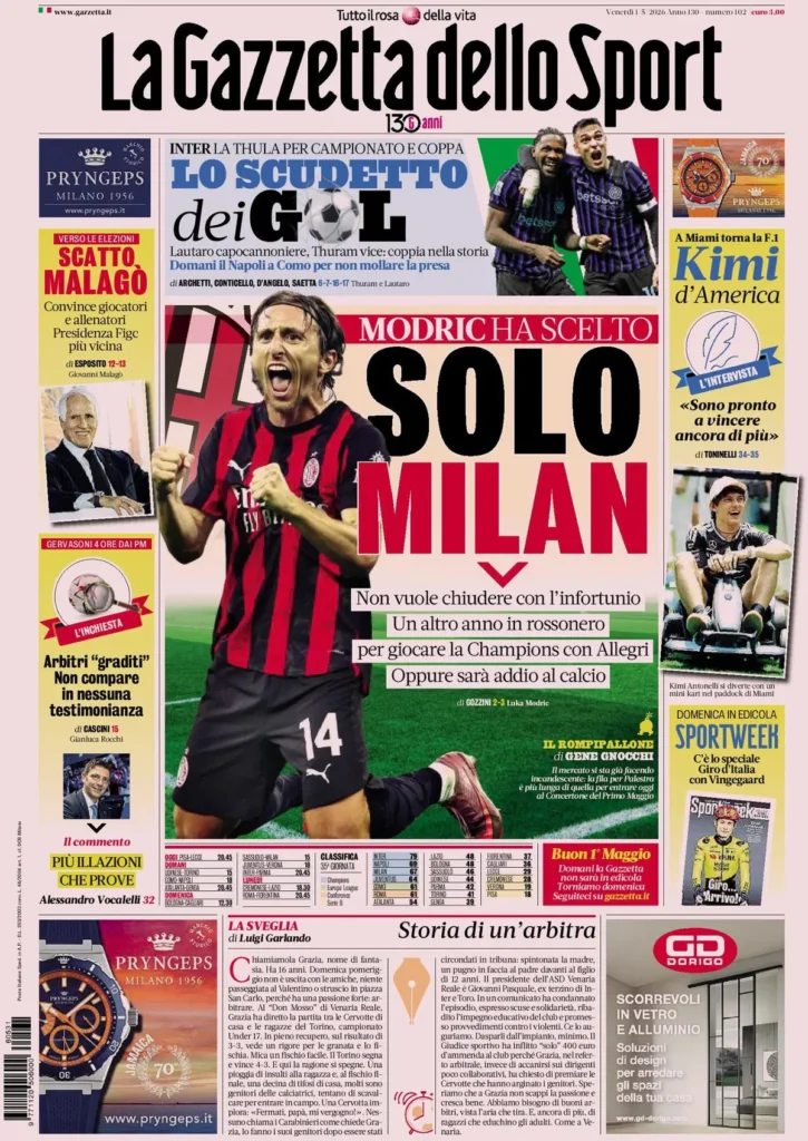 Le prime pagine dei principali quotidiani sportivi – 1 maggio 2026 24 la gazzetta dello sport 031632jtta7jd