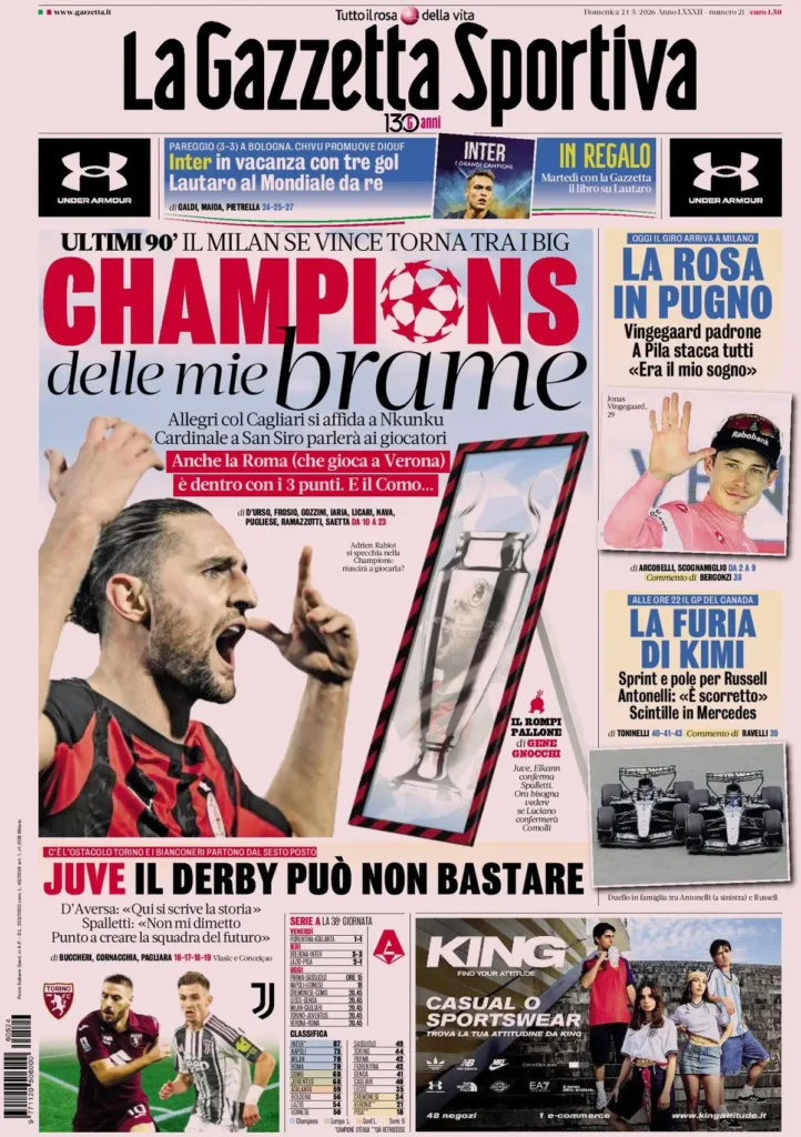 Le prime pagine dei principali quotidiani sportivi – 24 maggio 24 la gazzetta dello sport 0322522xc6jd2