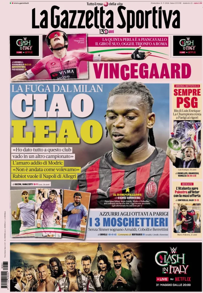 Rassegna stampa Lazio: prime pagine quotidiani sportivi - 31 maggio 2026 24 la gazzetta dello sport 033301zz75e8a