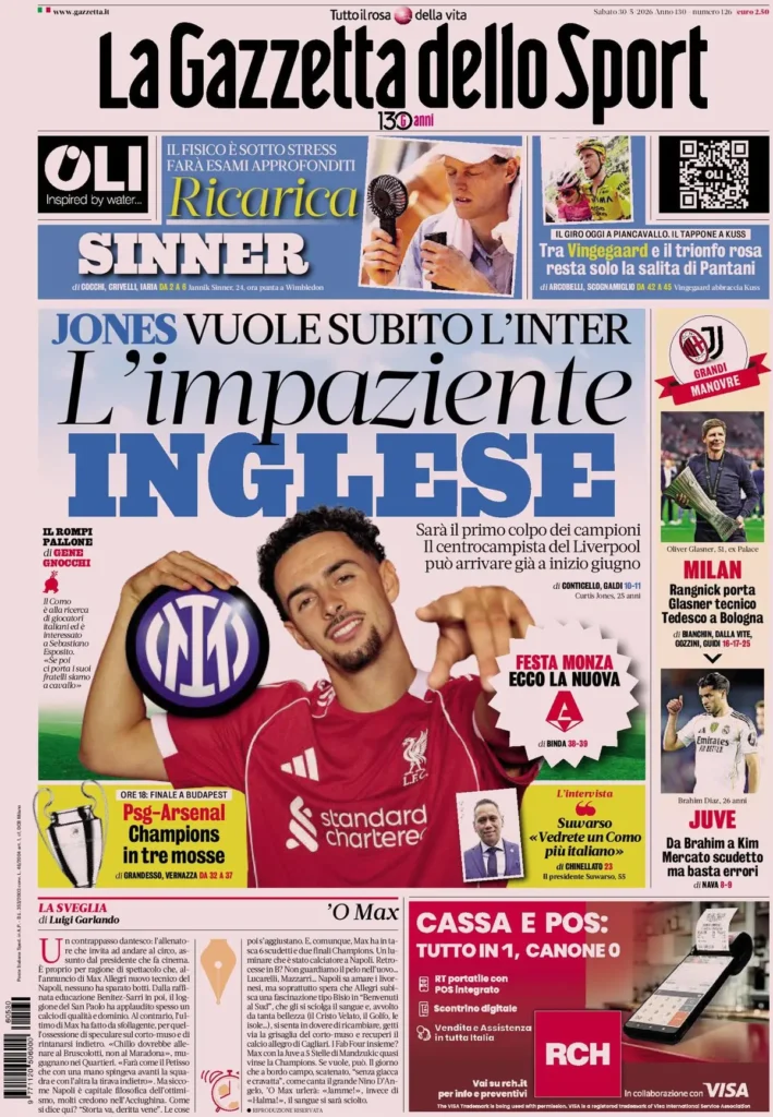 Le prime pagine dei principali quotidiani sportivi – 30 maggio 24 la gazzetta dello sport 033802dij4x7d