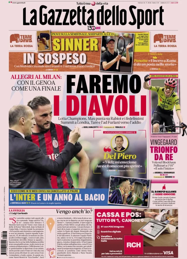 Le prime pagine dei principali quotidiani sportivi – 16 maggio 24 la gazzetta dello sport 034827afn13ke