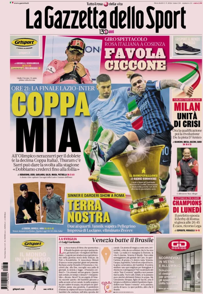 Rassegna stampa Lazio: prime pagine quotidiani sportivi - 13 maggio 2026 24 la gazzetta dello sport 04030253nb5vq