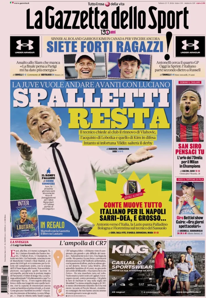 Rassegna stampa Lazio: prime pagine quotidiani sportivi - 23 maggio 2026 24 la gazzetta dello sport 040331u888t3h