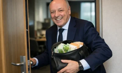 Marotta, presidente dell'Inter, sorridente con una borsa piena di soldi in mano