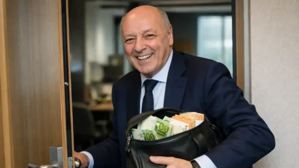 Marotta, presidente dell'Inter, sorridente con una borsa piena di soldi in mano