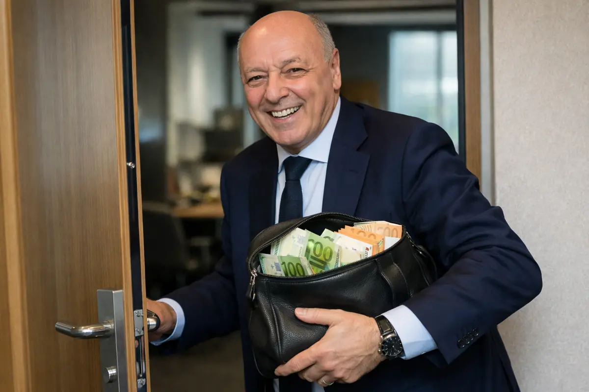 Prima si salva e poi se ne va per 12 milioni: la Lazio fa contento anche Marotta 21 Marotta, presidente dell'Inter, sorridente con una borsa piena di soldi in mano