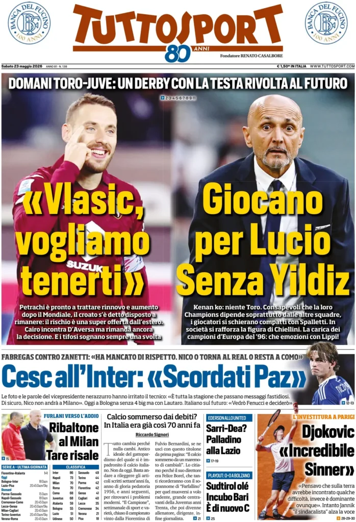 Rassegna stampa Lazio: prime pagine quotidiani sportivi - 23 maggio 2026 22 tuttosport 020301m4b86f0