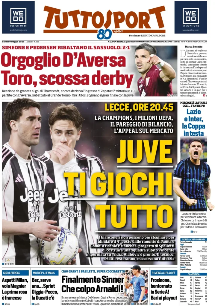 Le prime pagine dei principali quotidiani sportivi – 9 maggio 24 tuttosport 020302b0sak5v