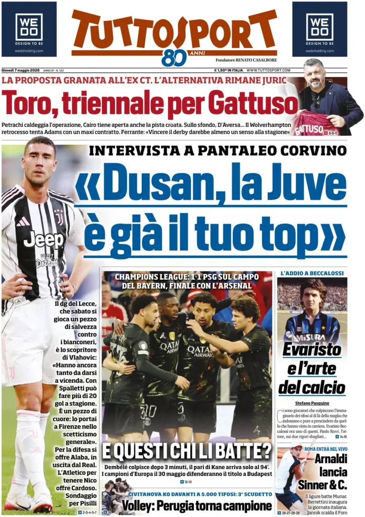 Le prime pagine dei principali quotidiani sportivi – 7 maggio 23 tuttosport 020512vtaeztc