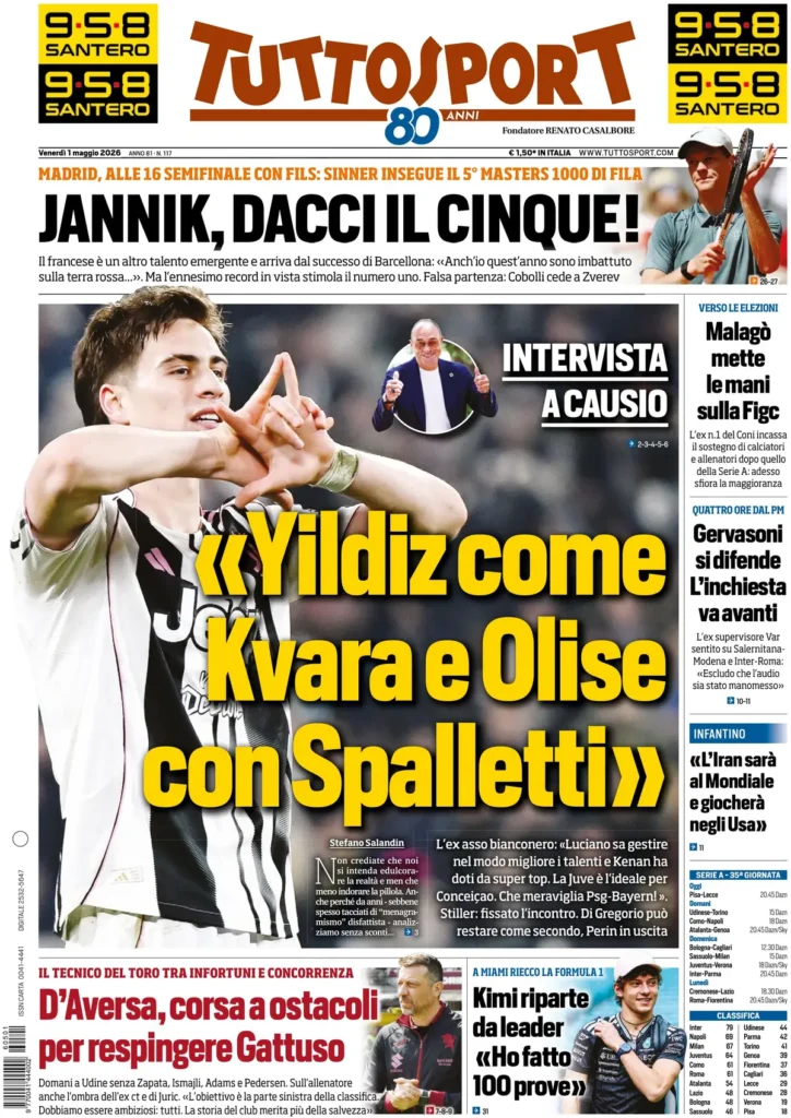 Le prime pagine dei principali quotidiani sportivi – 1 maggio 2026 22 tuttosport 021139xsx160c