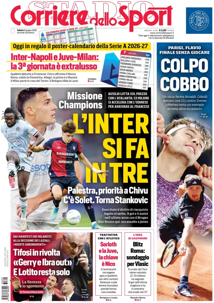 Le prime pagine dei principali quotidiani sportivi – 6 giugno 23 corriere dello sport 020307qj32l3p
