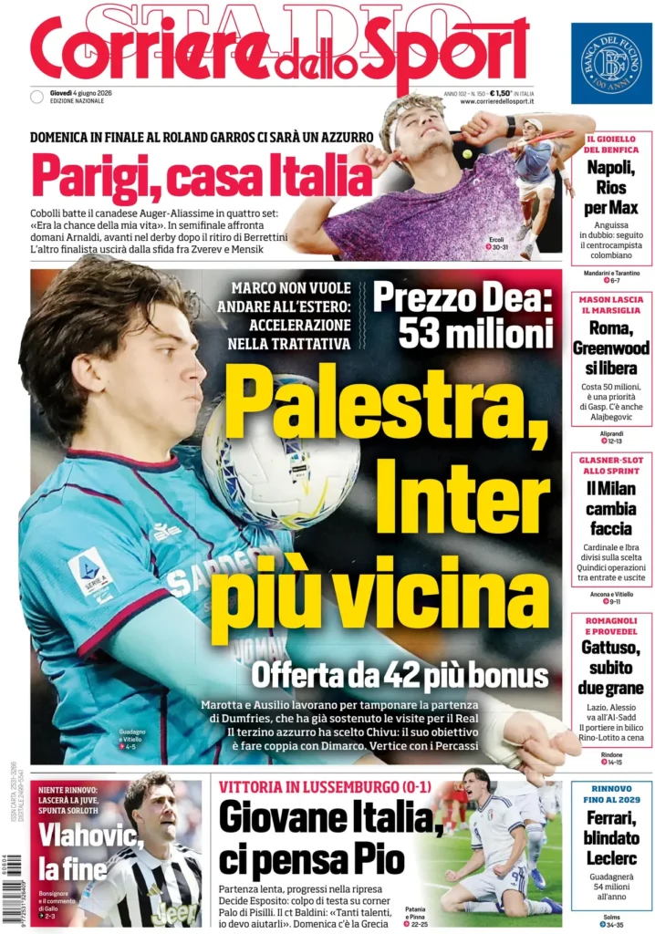 Le prime pagine dei principali quotidiani sportivi – 4 giugno 23 corriere dello sport 020340md065k1