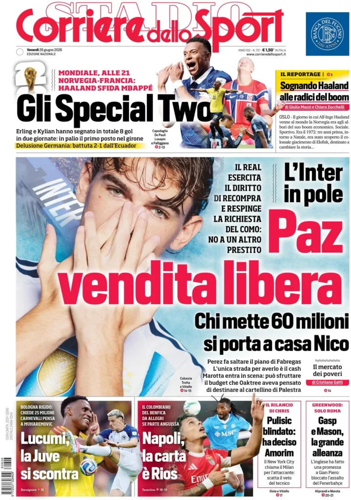 Le prime pagine dei principali quotidiani sportivi – 26 giugno 23 corriere dello sport 022221wkx6w2f