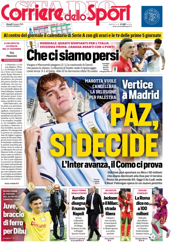 Rassegna stampa Lazio: prime pagine quotidiani sportivi - 25 giugno 2026 23 corriere dello sport 0232214ji4in3