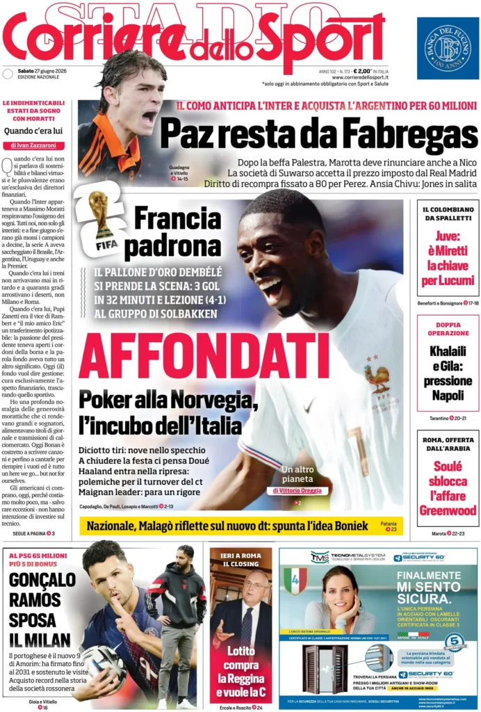Le prime pagine dei principali quotidiani sportivi – 27 giugno 23 corriere dello sport 025234iqkc31e