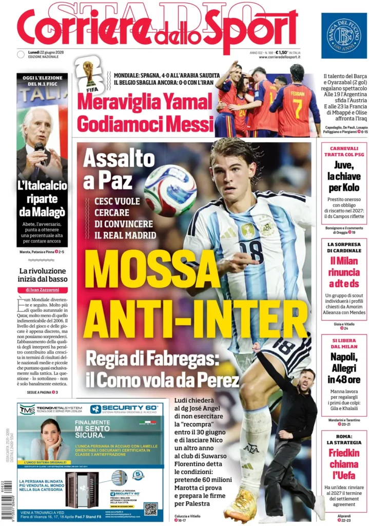 Le prime pagine dei principali quotidiani sportivi – 22 giugno 22 corriere dello sport 06235754o5q7x