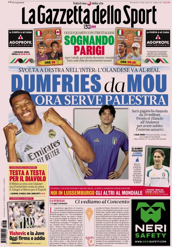 Le prime pagine dei principali quotidiani sportivi – 3 giugno 24 la gazzetta dello sport 0333027xq9wu6