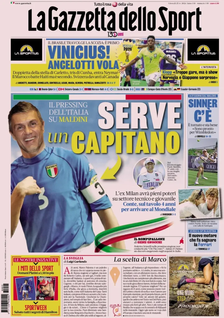 Rassegna stampa Lazio: prime pagine quotidiani sportivi - 25 giugno 2026 24 la gazzetta dello sport 033302eka4x3z