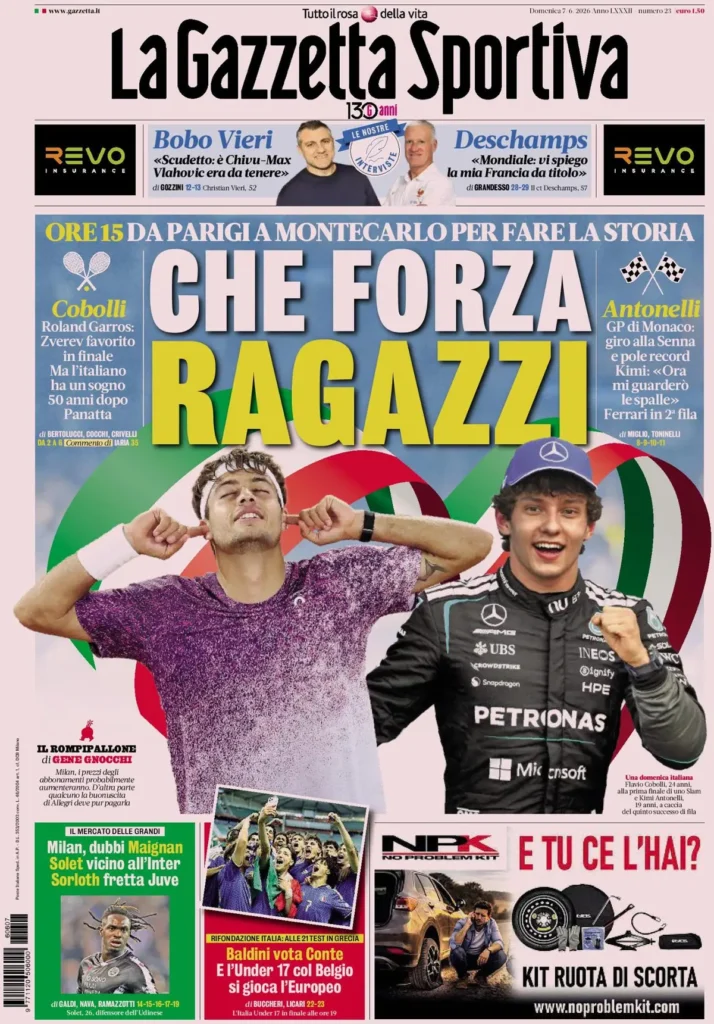 Rassegna stampa Lazio: prime pagine quotidiani sportivi - 7 giugno 2026 24 la gazzetta dello sport 033302ip24n0d