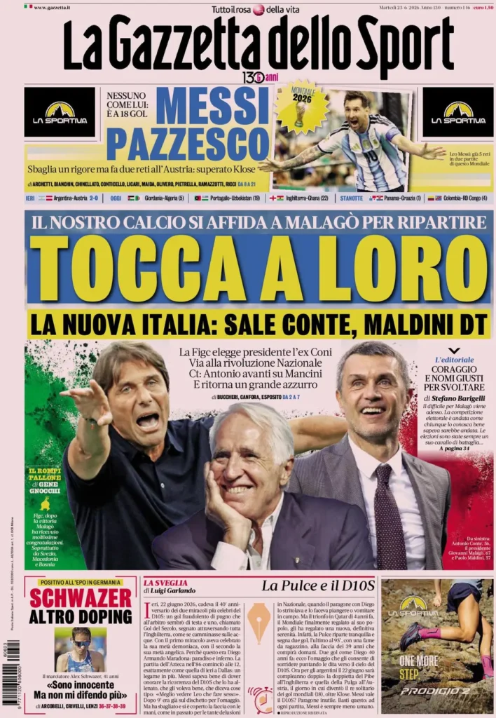 Rassegna stampa Lazio: prime pagine quotidiani sportivi - 23 giugno 2026 24 la gazzetta dello sport 033303m9l3vas